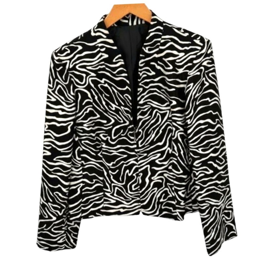 TALBOTS Silk/Wool Satin BLACK-WHITE WAVY STRIPES TOP JACKET Zipper Lined 6